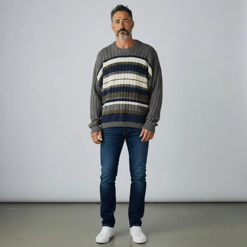 Savile Row Mens Large Striped Ribbed‎ Knit Sweater Grey Navy Ramie Cotton Blend